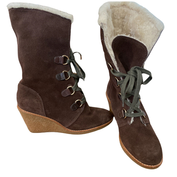 Cole Haan Boots Brown Suede Shearling Lace Up Wedge Heel 7.5 - Picture 1 of 9
